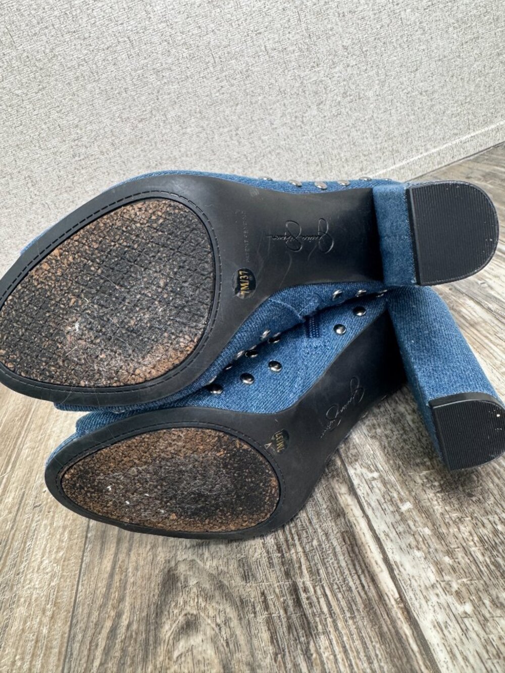 Jessica Simpson Denim Studded Peep Toe Ankle Boots Size 7 Blue Block Heel - Picture 6 of 6